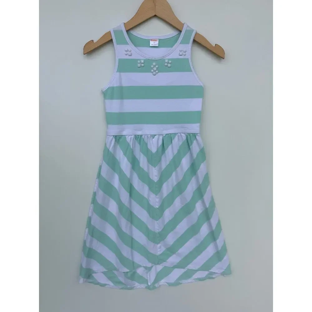 Gymboree Girls Size 10 Mint Green White Striped Chevron Hi-Low Dress Fruit Punch